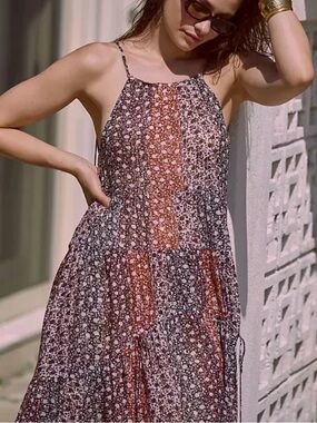 Anthropologie Shirred A-Line Tiered Midi Boho With Back Lace Up Dress
